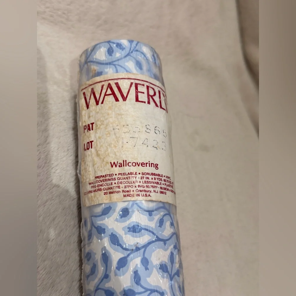 Vintage Waverly Blue and White Leaf Design Wallcovering made in USA